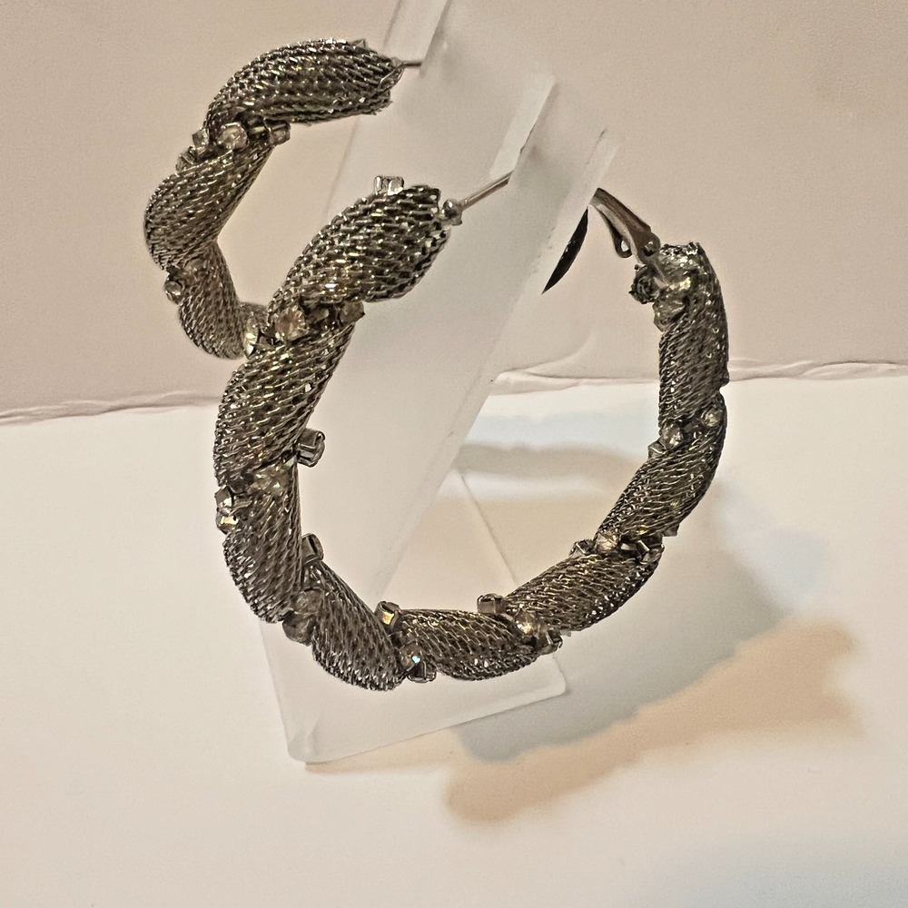 Silver Mesh Twist Hoop Earrings Rhinestones Y2K Festival Glam Rock Statement